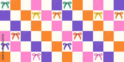 Retro checkered rainbow pattern with a bow. Y2K-inspired gingham backdrop. Vintage vector design for print, textiles, or trendy hair accessories. Birthday party. Celebrating LGBT pride.
