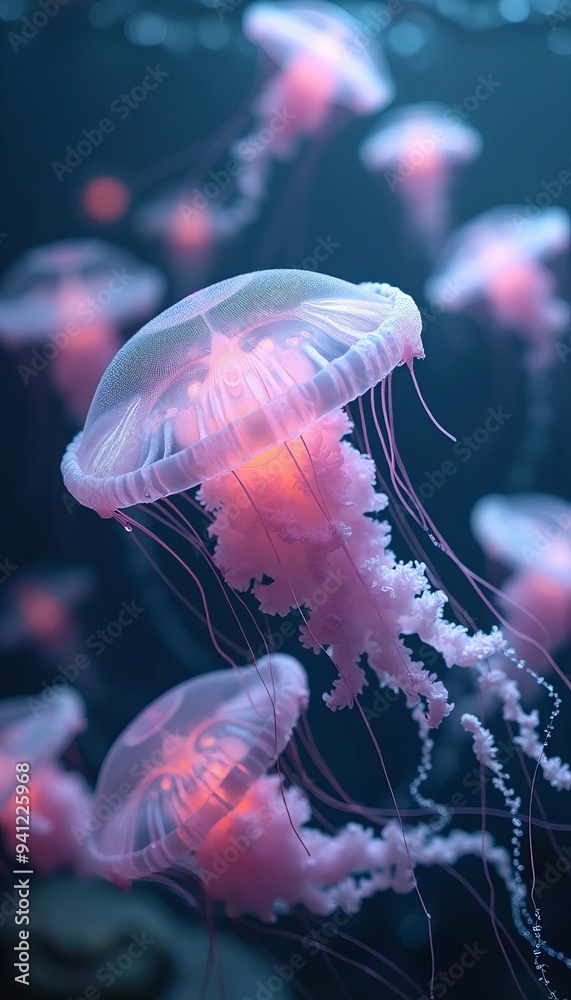 Obraz premium A group of jellyfish float through the water, their translucent bodies glowing a soft pink.