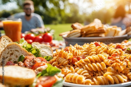 Enjoying a Delightful Pasta Picnic in the Park with Fresh Salads and Refreshing Drinks on a Sunny Day photo