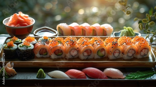 Stylish Sushi Plate Featuring Rolls, Sashimi, Nigiri, and Green Tea