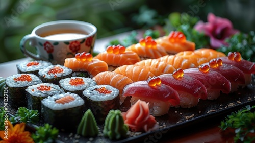 Elegant Assortment of Sushi with Rolls, Sashimi, Nigiri, and Accompaniments
