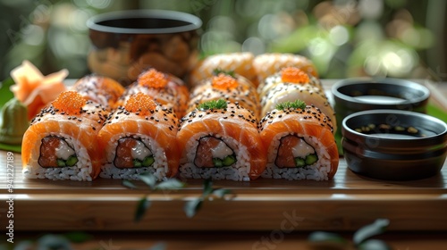 Deluxe Sushi Platter with Varied Rolls, Sashimi, Nigiri, and Green Tea