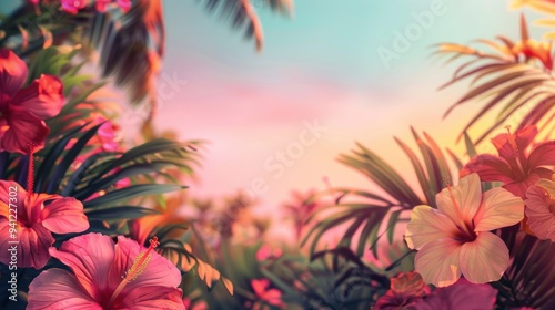 Abstract summer background with vivid tropical flowers and gradient skies, lush and colorful