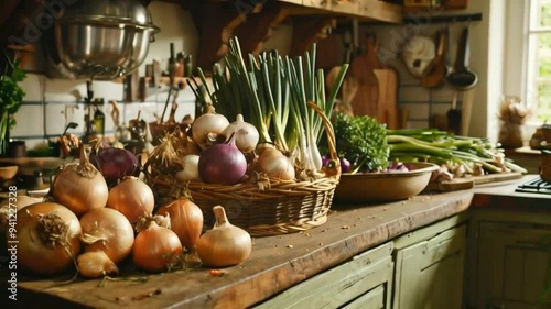 Fresh Onions and Green Onions Ready for Cooking in Rustic Kitchen
