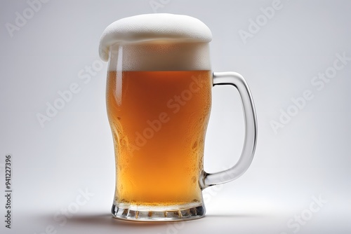 A cold glass of draft beer with a thick foam head on a white background, AI Generated