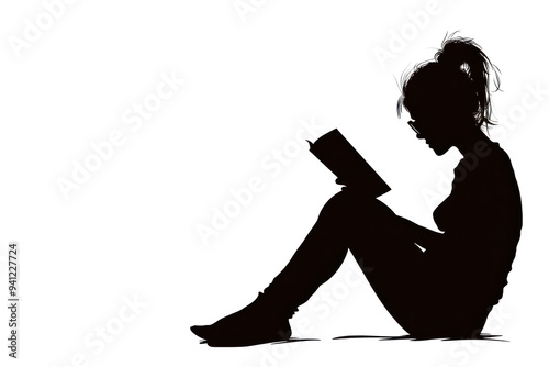Silhouette of woman reading a book, isolated on transparent background