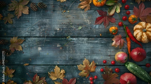 Abstract autumn background with a scattering of colorful leaves and seasonal vegetables on a rough wooden backdrop