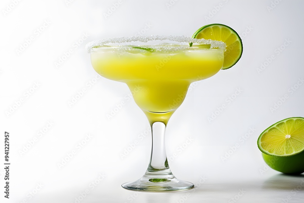 A colorful margarita in a salted rim glass with a lime wedge on a white background, AI Generated A colorful margarita in a salted rim glass with a lime wedge on a white background, AI Generated