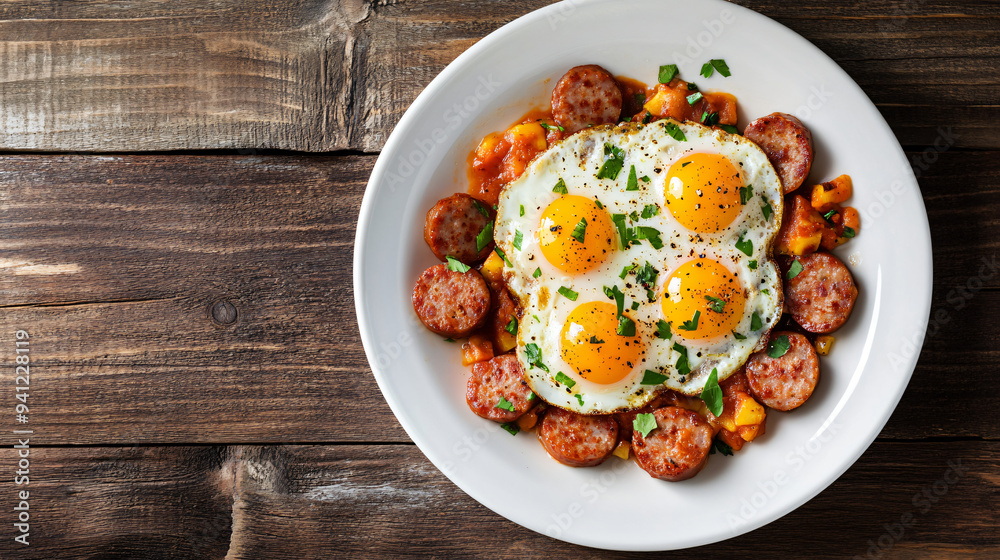 Five fried eggs with runny yolks, surrounded by sausage and vegetables, served on a white plate on a wooden table Five fried eggs with runny yolks, surrounded by sausage and vegetables, served on a white plate on a wooden table