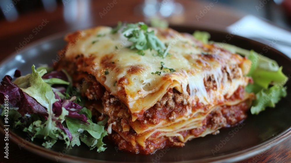 A detailed shot of a rich Italian lasagna with layers of pasta, meat sauce, and melted cheese, served on a plate with a side salad. A detailed shot of a rich Italian lasagna with layers of pasta, meat sauce, and melted cheese, served on a plate with a side salad.