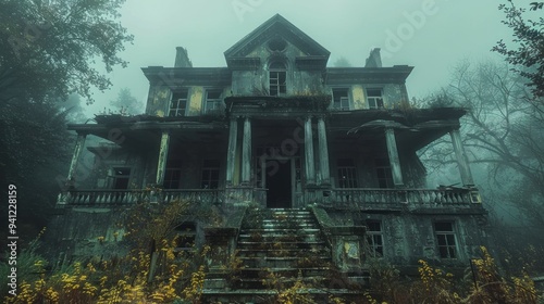 Abandoned old mystical house with broken windows and a creaky porch, creating an ominous atmosphere