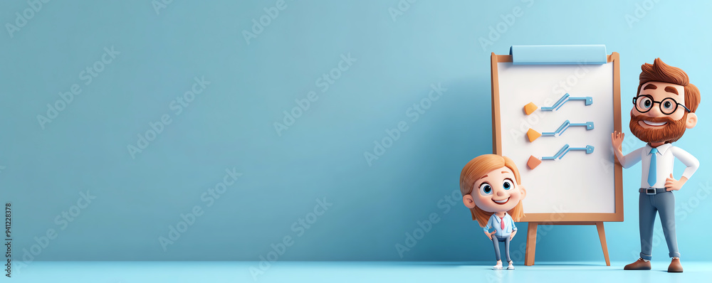 Fototapeta premium A cheerful adult and child present a colorful chart on a blue background, embodying creativity and collaboration.