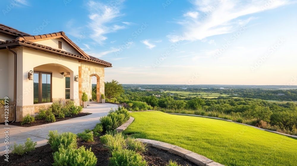 Electrician outside a house, setting up exterior lighting for a garden, with a beautiful landscape in the background Electrician outside a house, setting up exterior lighting for a garden, with a beautiful landscape in the background