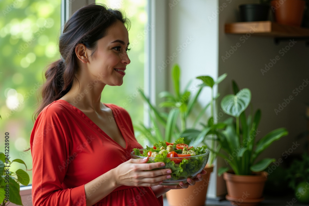 photo of pregnant woman both hands holding bowl of fresh green salad, generative AI photo of pregnant woman both hands holding bowl of fresh green salad, generative AI