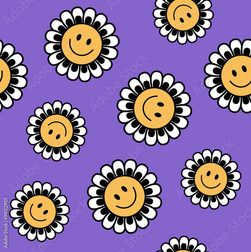 Seamless Retro Positive Flower Vector Art Illustration. Smiling Flower Icon texture All Over Print.