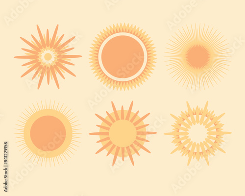 Set of sun isolated for design, summer solstice concept in boho style, flat vector stock illustration for sstksummer