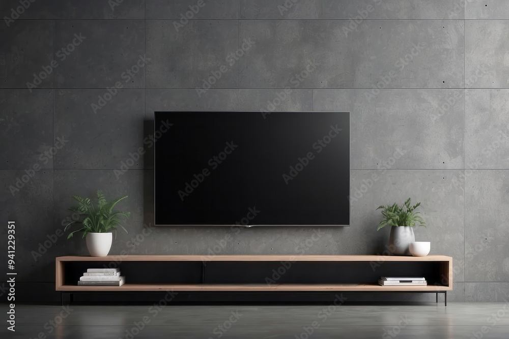 Flat Screen Television Mounted on Concrete Wall Above Modern Entertainment Stand Flat Screen Television Mounted on Concrete Wall Above Modern Entertainment Stand