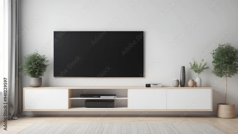 Minimalist Living Room with a Flat Screen TV, Floating Shelf, and Plants Minimalist Living Room with a Flat Screen TV, Floating Shelf, and Plants