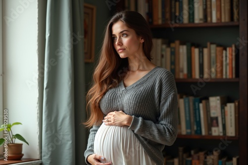 photo of pregnant woman standing with shelf of book on background, generative AI