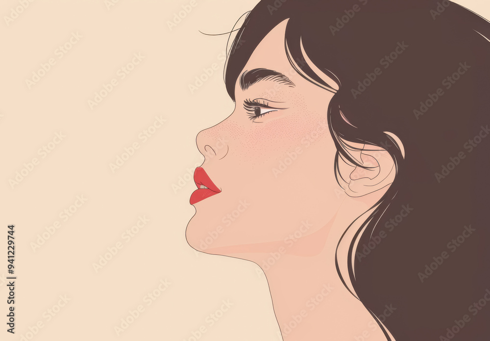 Woman in Side Profile in a Clean, Minimalistic Style. A sleek digital illustration of a woman with dark hair and light skin, wearing red lipstick, captured in a simple and elegant design.
Woman in Side Profile in a Clean, Minimalistic Style. A sleek digital illustration of a woman with dark hair and light skin, wearing red lipstick, captured in a simple and elegant design.
