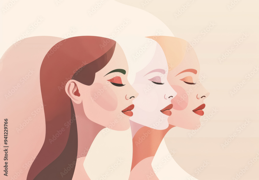 A soft, pastel-colored digital illustration featuring three women in profile, each with distinct hair and facial features, rendered in a minimalist and elegant style. A soft, pastel-colored digital illustration featuring three women in profile, each with distinct hair and facial features, rendered in a minimalist and elegant style.