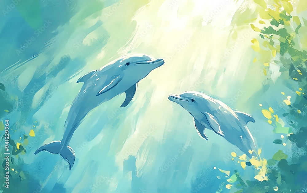 Obraz premium Two dolphins swim gracefully in a serene underwater scene, illuminated by soft light filtering through the water.