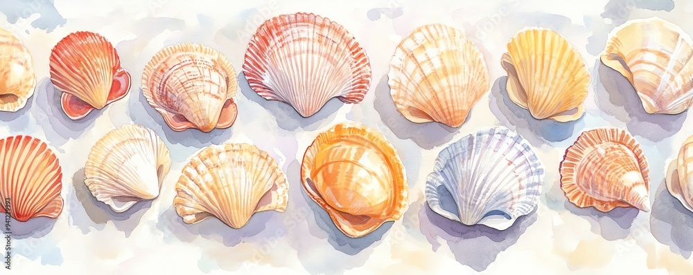 A beautiful collection of colorful seashells arranged in a row, showcasing nature's delicate patterns and textures. A beautiful collection of colorful seashells arranged in a row, showcasing nature's delicate patterns and textures.