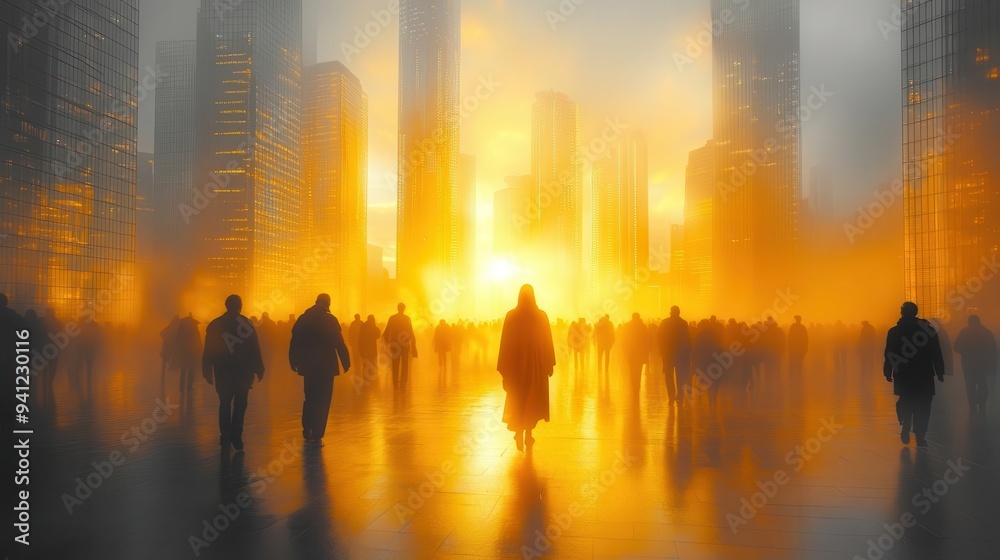 modern cityscape with ethereal figure of jesus walking among skyscrapers soft golden light peoples silhouettes modern cityscape with ethereal figure of jesus walking among skyscrapers soft golden light peoples silhouettes