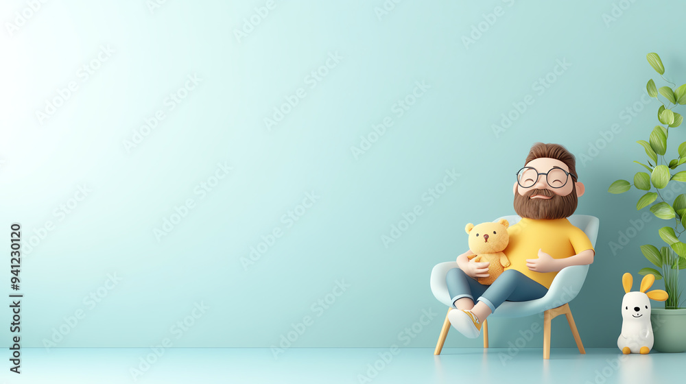 A cheerful character enjoys a cozy moment in a light room, holding a plush toy, surrounded by cute decorations and plants. A cheerful character enjoys a cozy moment in a light room, holding a plush toy, surrounded by cute decorations and plants.