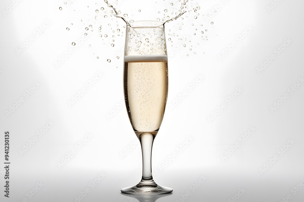A glass of sparkling champagne with tiny bubbles rising on a white background, AI Generated A glass of sparkling champagne with tiny bubbles rising on a white background, AI Generated