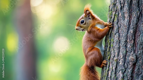 A squirrel climbing up a tree trunk with its paws on the bark, AI
