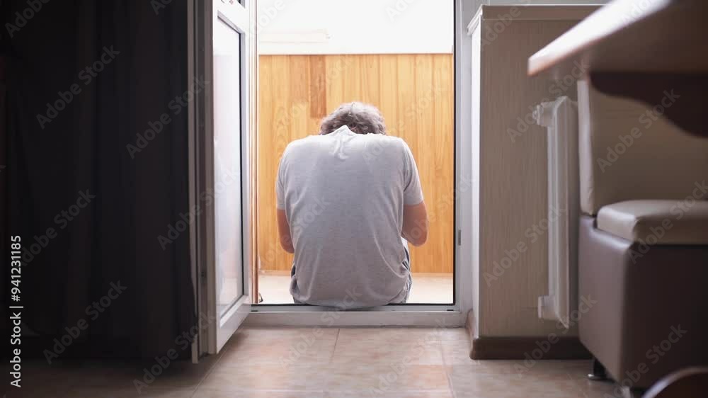 Sad man sitting on bedroom floor during crisis. Concept of depression, illness, tragedy Sad man sitting on bedroom floor during crisis. Concept of depression, illness, tragedy