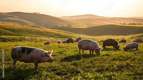 "A Group of Pigs Grazing in a Grassy Field as the Sun Sets Behind the Trees, Capturing the Tranquility and Simple Beauty of Rural Life in a Pastoral Scene"