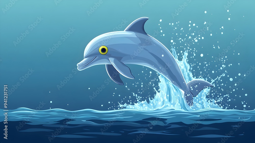 Fototapeta premium Playful Dolphin Leaping Out of the Water with Googly Eyes Wobbling in Blue