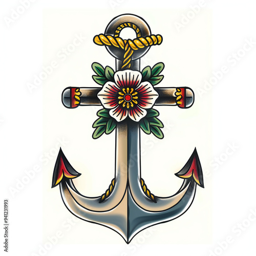 Anchor and flower very simple traditional tattoo flash styles illustration photo