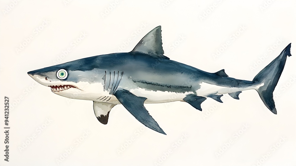 Fototapeta premium Circling Shark with Googly Eyes in Watercolor Gray