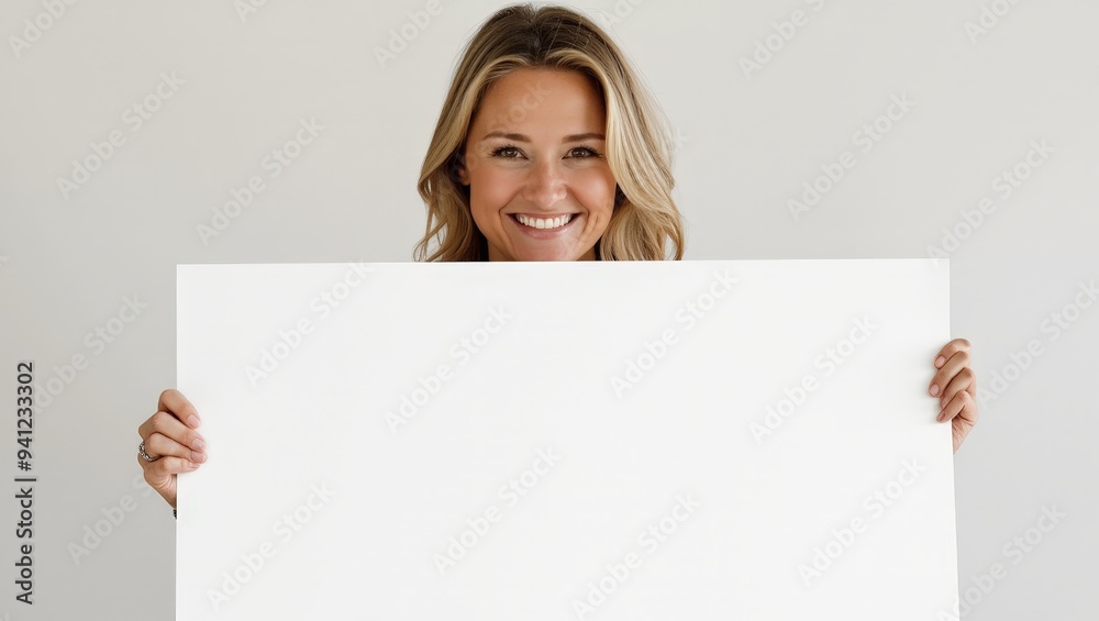 Smiling happy woman holding a blank signpost Smiling happy woman holding a blank signpost