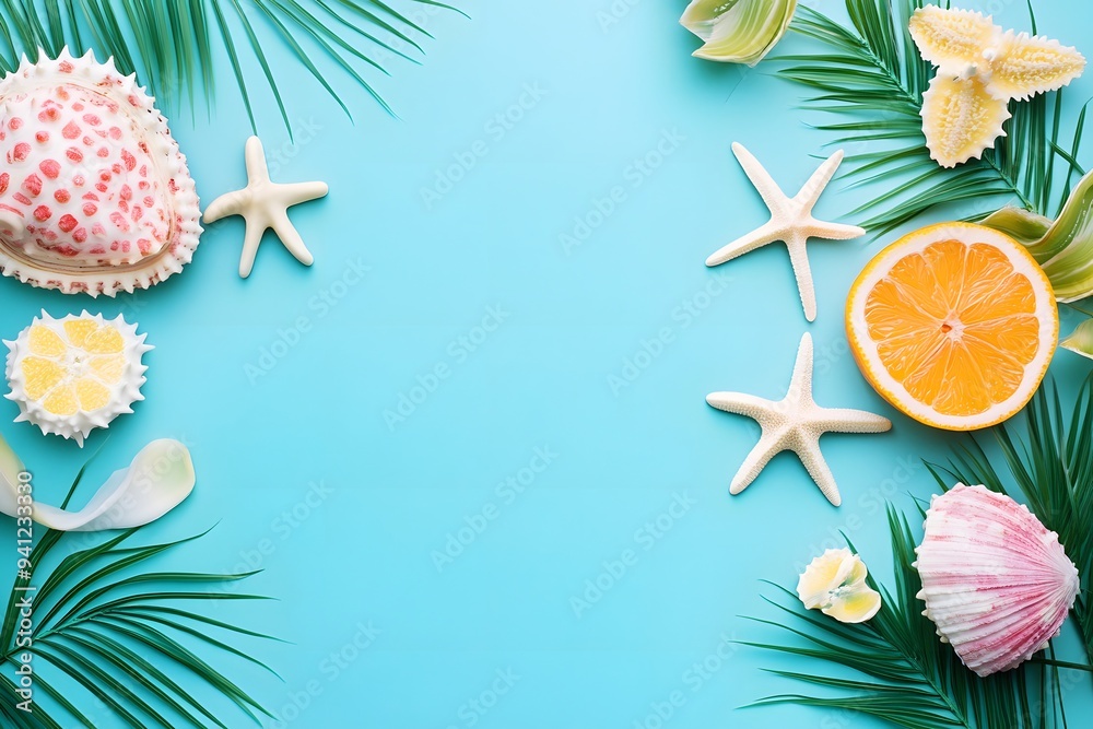 Colorful seashells and tropical leaves arranged on a blue background for decoration. Generative AI Colorful seashells and tropical leaves arranged on a blue background for decoration. Generative AI