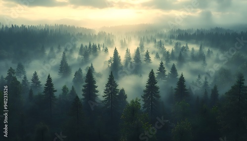 Aerial view of fog over dark pine forest trees. , no texte, no titre in picture ,cinematic lighting, design stage design