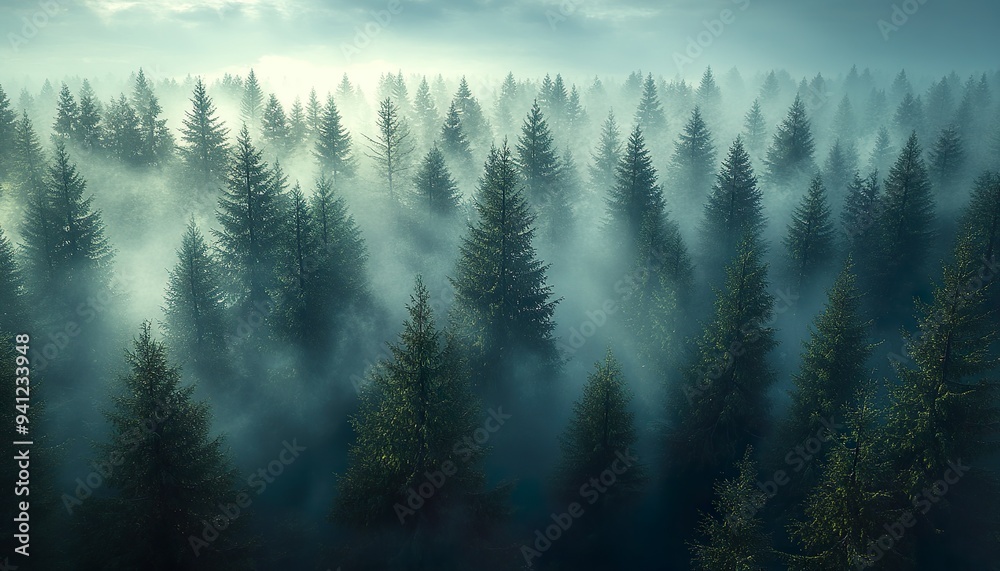 Aerial view of fog over dark pine forest trees. , no texte, no titre in picture ,cinematic lighting, design stage design