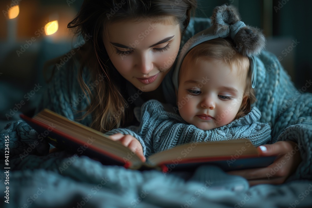 A mother reading a bedtime story to her child, creating a peaceful and loving bedtime routine A mother reading a bedtime story to her child, creating a peaceful and loving bedtime routine