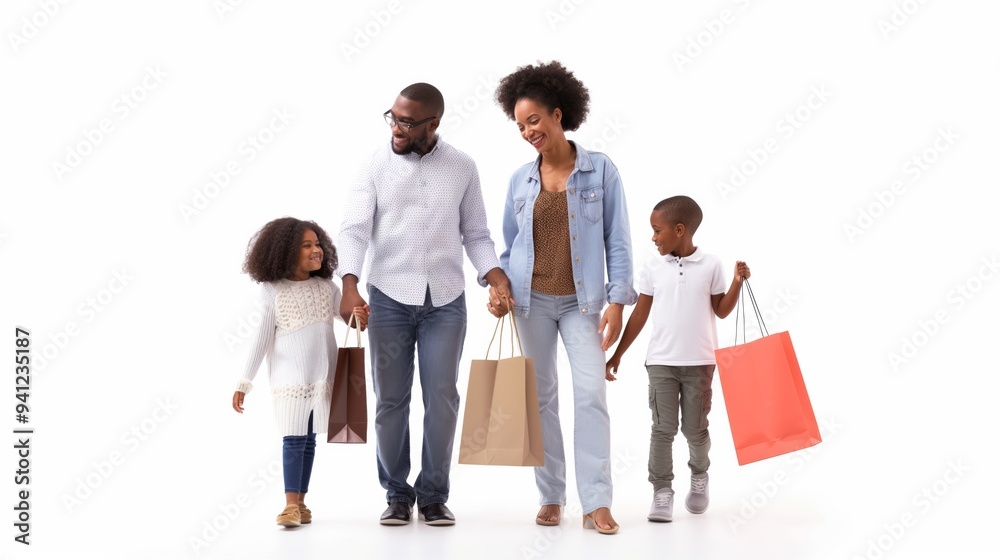 A happy family of four is shopping together and holding hands, displaying joy against a white backdrop. They share a moment filled with love and affection, enjoying their time bonding A happy family of four is shopping together and holding hands, displaying joy against a white backdrop. They share a moment filled with love and affection, enjoying their time bonding