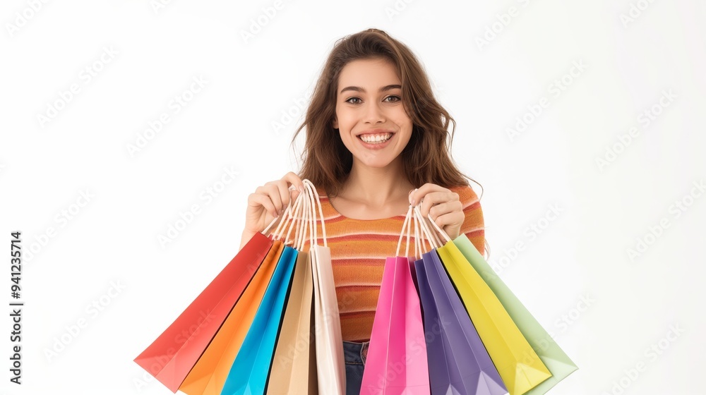 A young woman holding shopping bags against a white background represents joy, sales, and retail. Retail and fashion capture the essence of consumerism and the enjoyment of shopping for goods A young woman holding shopping bags against a white background represents joy, sales, and retail. Retail and fashion capture the essence of consumerism and the enjoyment of shopping for goods