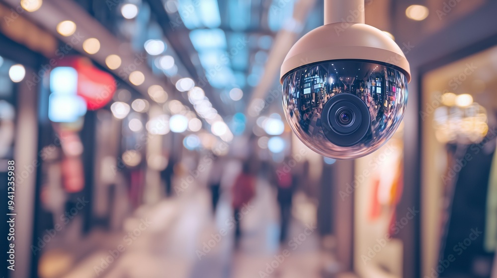 High-definition dome security camera installed in a public place, capturing a busy shopping mall environment. High-definition dome security camera installed in a public place, capturing a busy shopping mall environment.