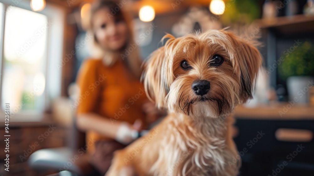 Dog hair cutting. woman cutting hair of dog in a grooming salon