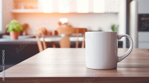 White Mug MockUps Coffee Cup on dinning table in kitchen in morning