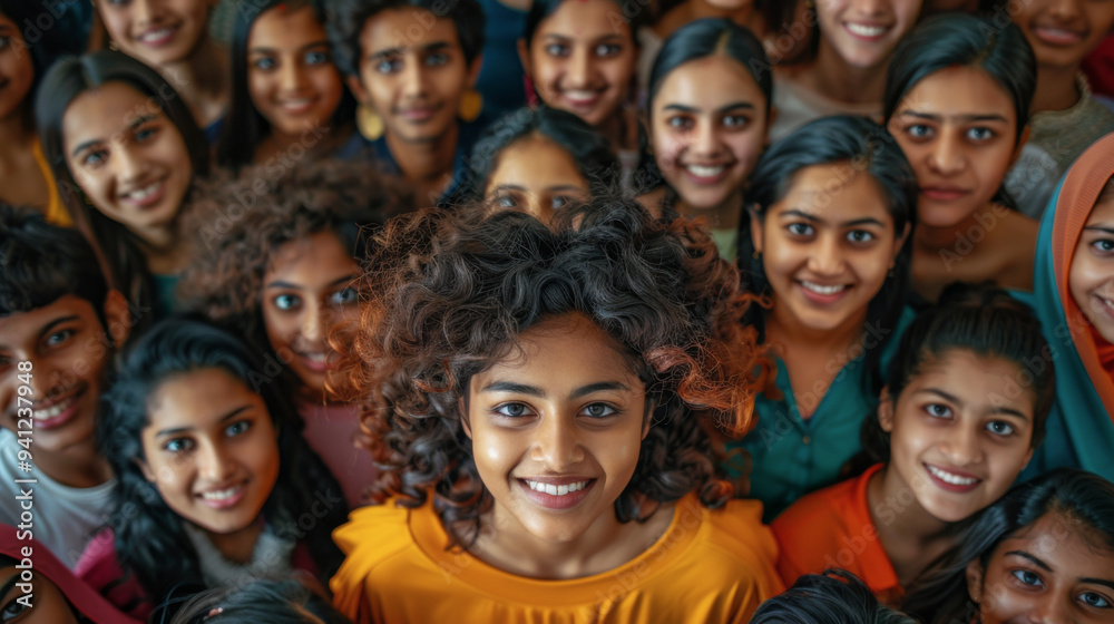 A group of young Indian females looking up with smiling faces A group of young Indian females looking up with smiling faces