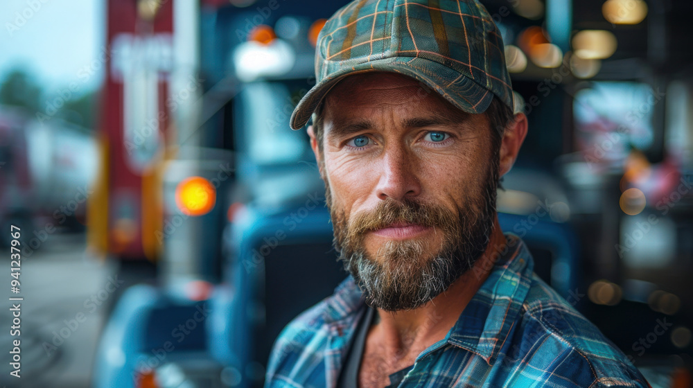A rugged truck driver poses confidently in a plaid shirt and cap against a backdrop of colorful semi-trucks. Generative AI A rugged truck driver poses confidently in a plaid shirt and cap against a backdrop of colorful semi-trucks. Generative AI