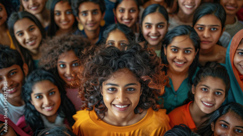 A group of young Indian females looking up with smiling faces