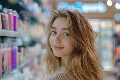Beautiful young woman looking for new cosmetics